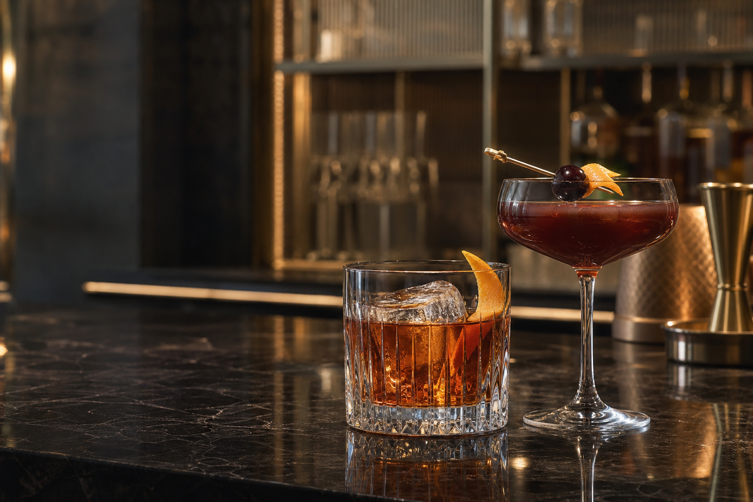 Old fashioned and coupe cocktail at the bar