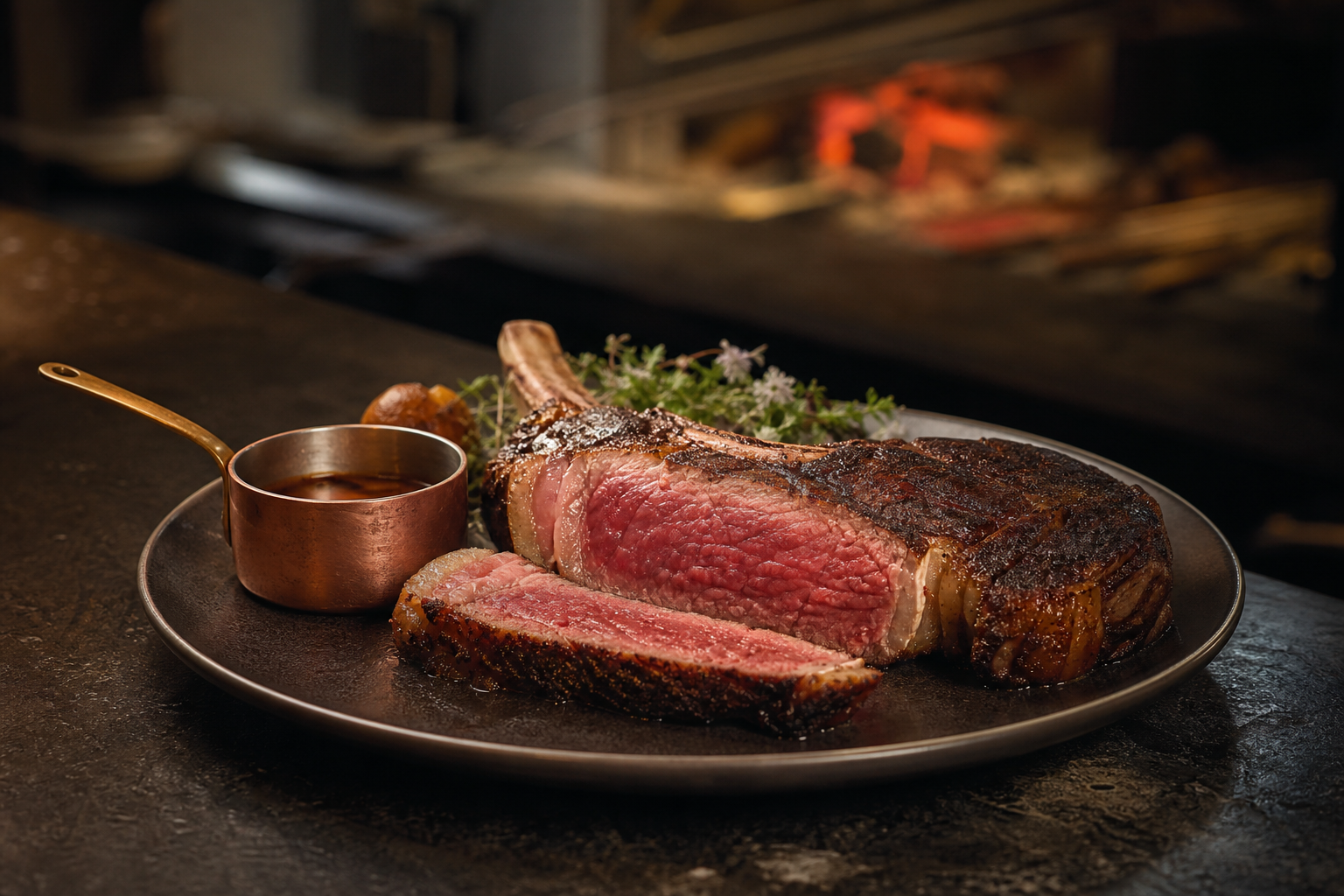 Bone-in ribeye with charcoal crust and sauce